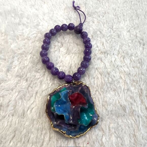 Purple Marble Beaded Flower Charm Elastic Bracelet - Picture 2 of 5